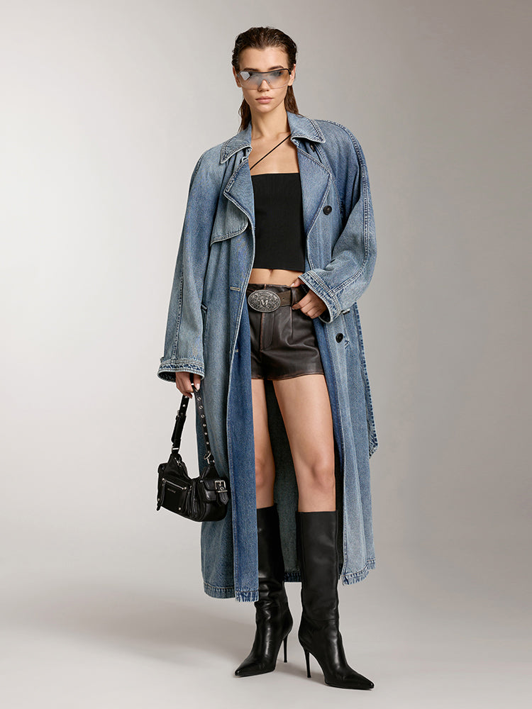 elegante jeansjacke mit langem schnitt und revers