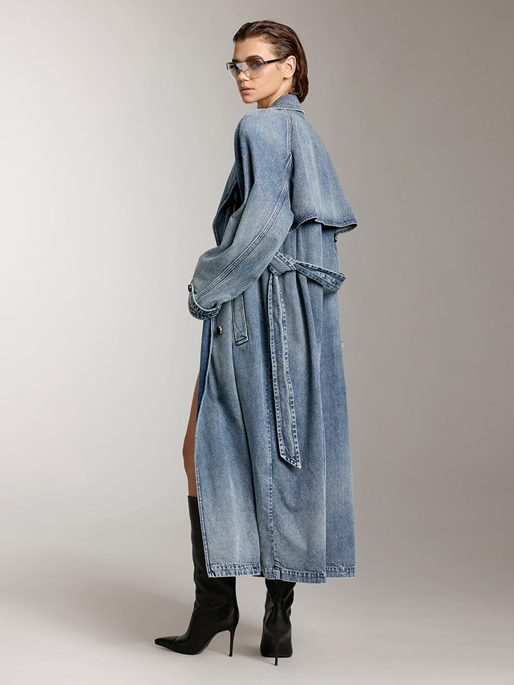 elegante jeansjacke mit langem schnitt und revers