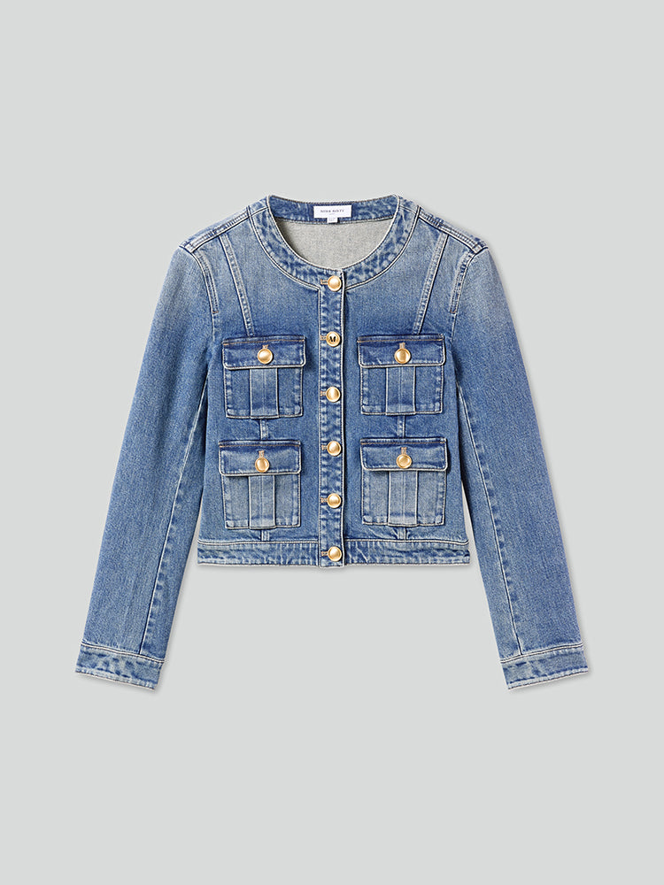 kurze cargo-jeansjacke mit rundhalsausschnitt