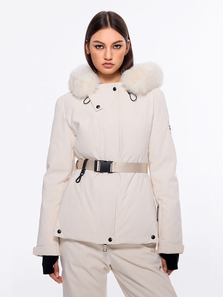 abnehmbare daunenjacke mit fellbesatz