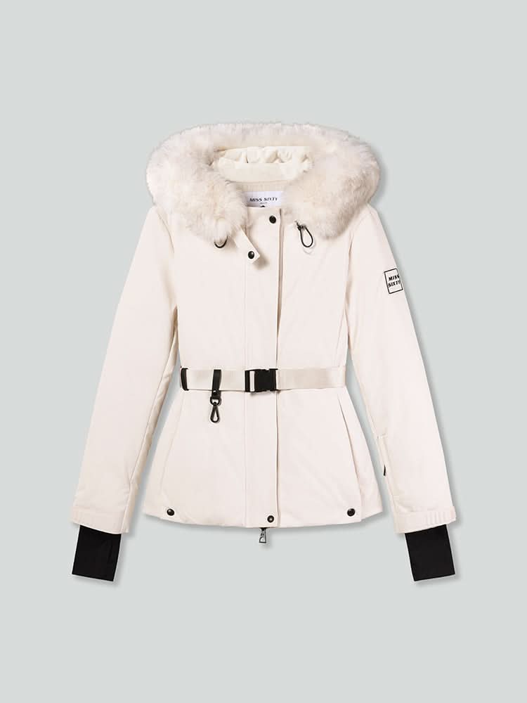 abnehmbare daunenjacke mit fellbesatz