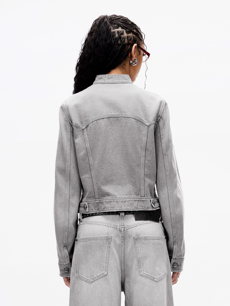 kurze jeansjacke mit stehkragen und reißverschluss