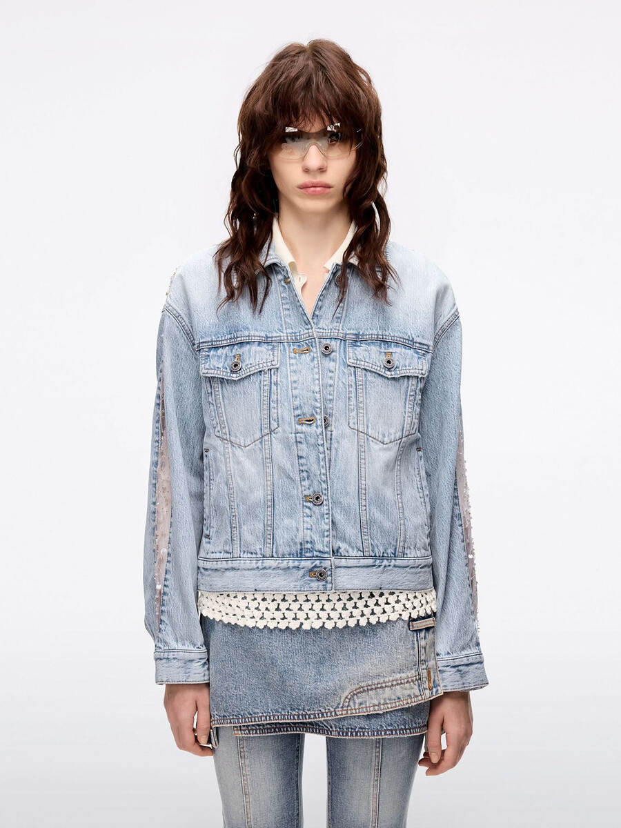 jeansjacke mit netz- und perlenbesatz