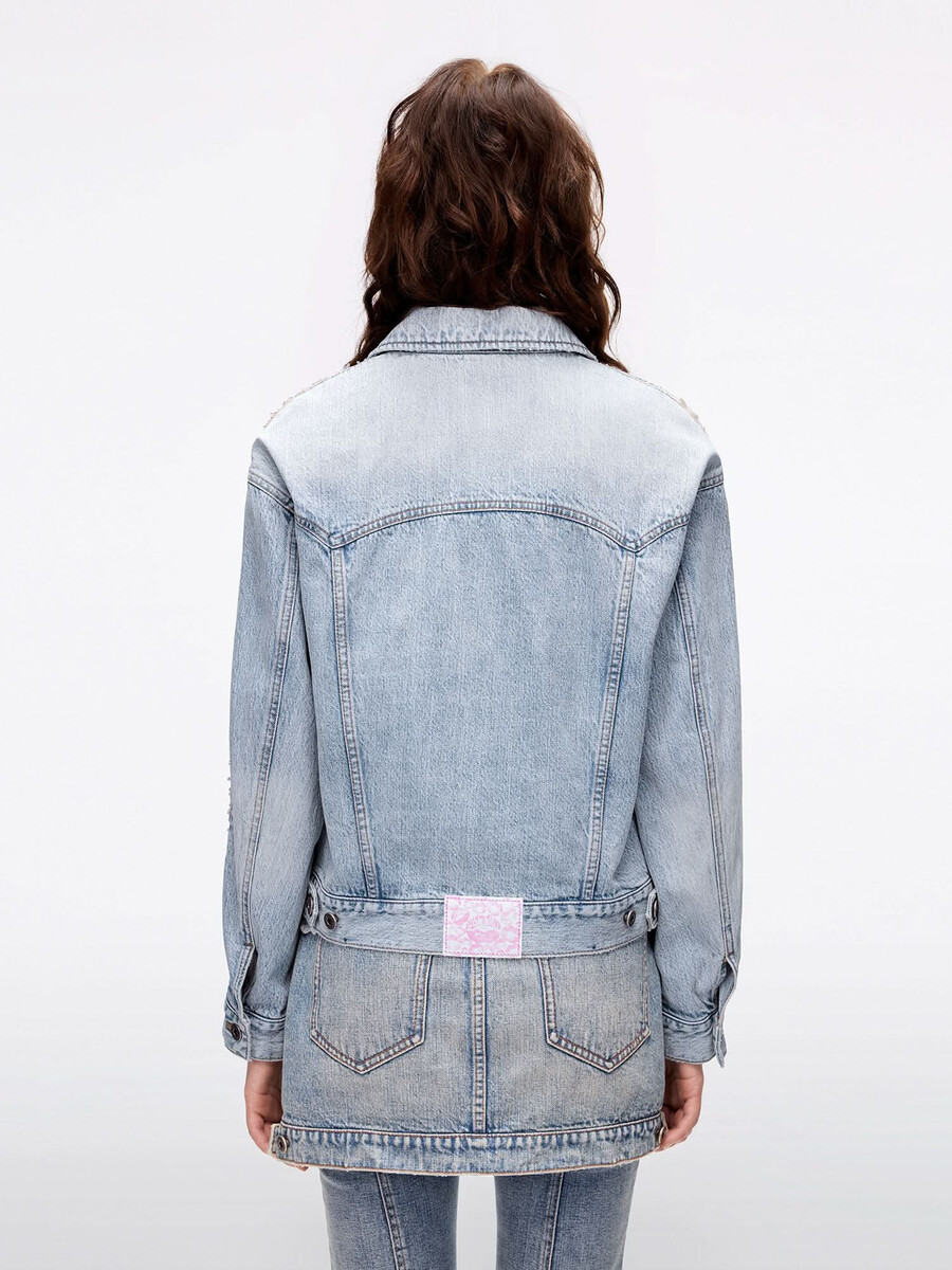 jeansjacke mit netz- und perlenbesatz