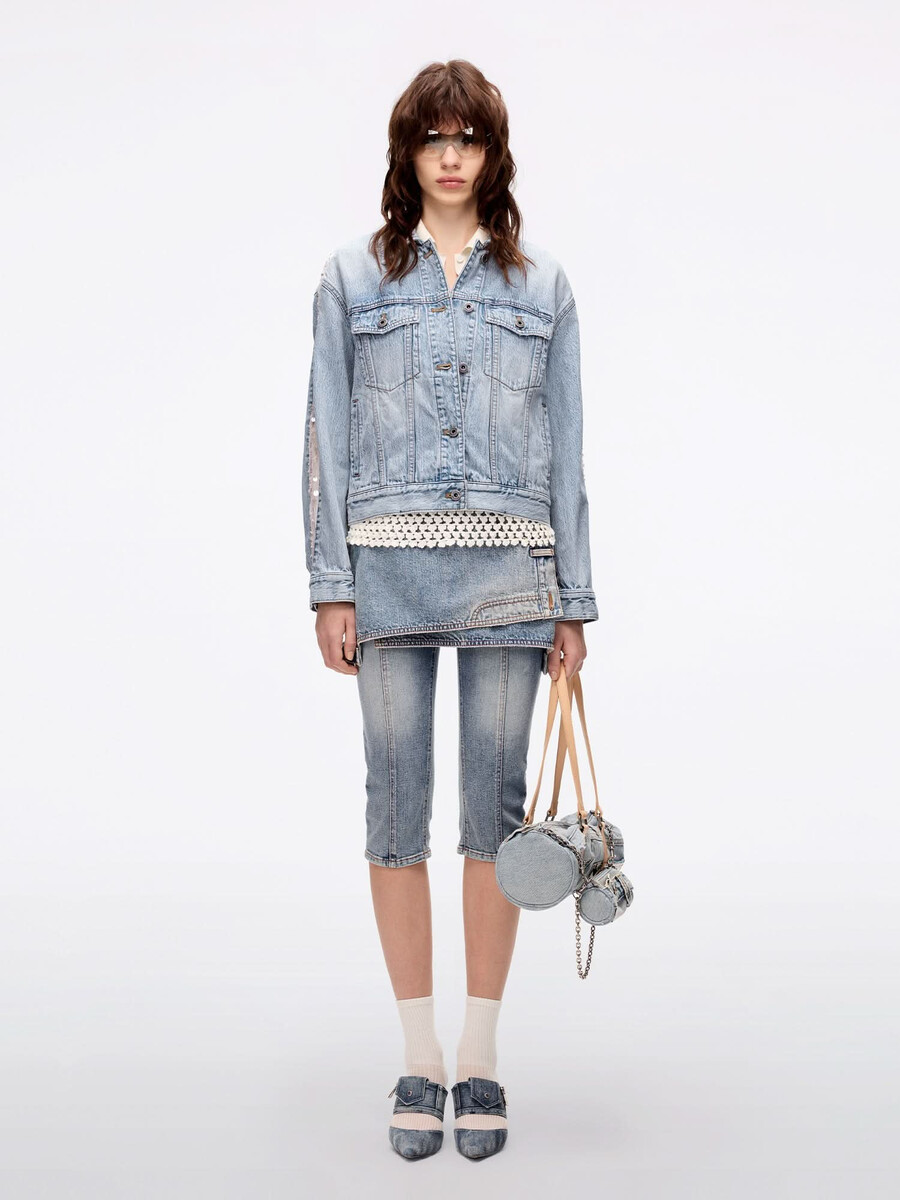 jeansjacke mit netz- und perlenbesatz