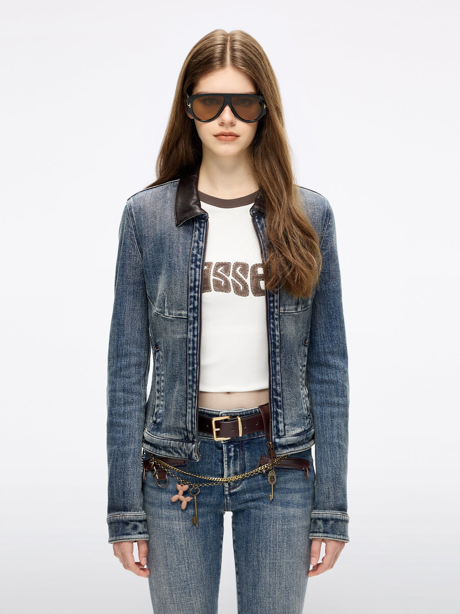 jeansjacke mit ledereinsätzen
