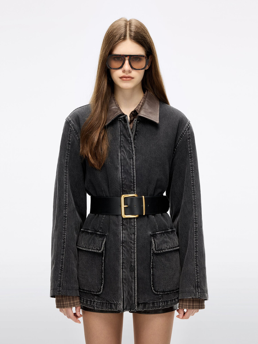 gesteppte jeansjacke mit lederbesatz