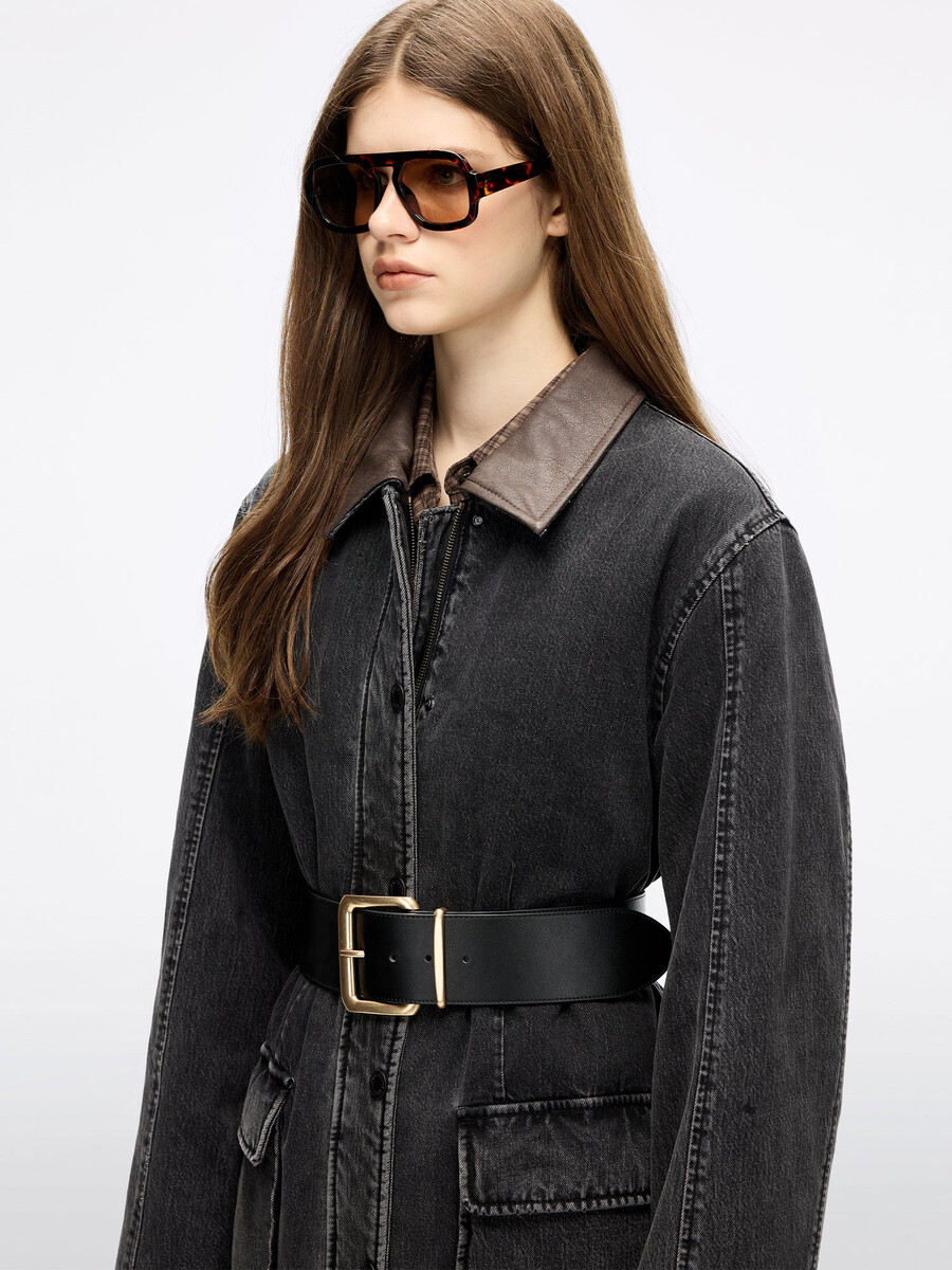 gesteppte jeansjacke mit lederbesatz