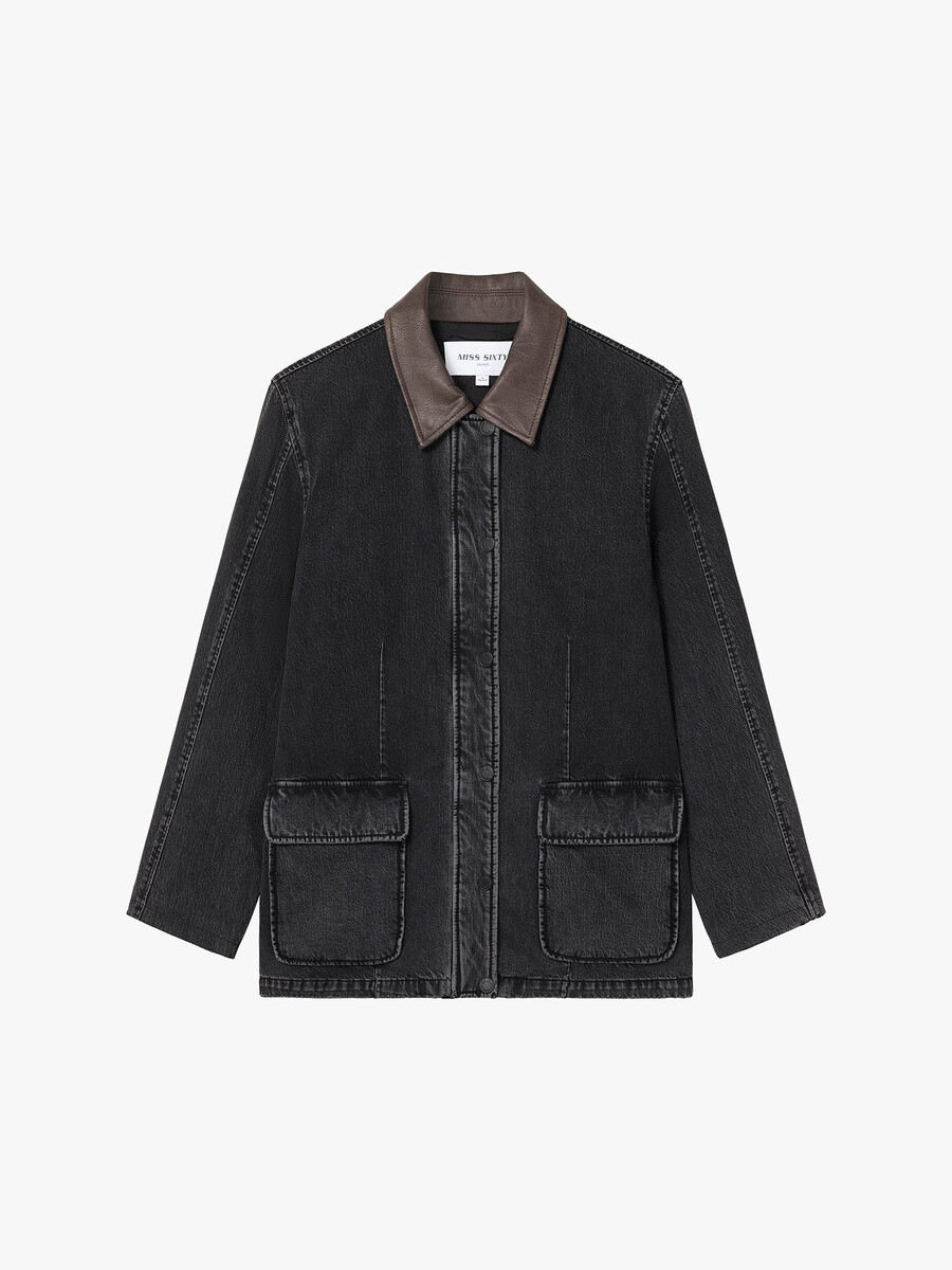 gesteppte jeansjacke mit lederbesatz