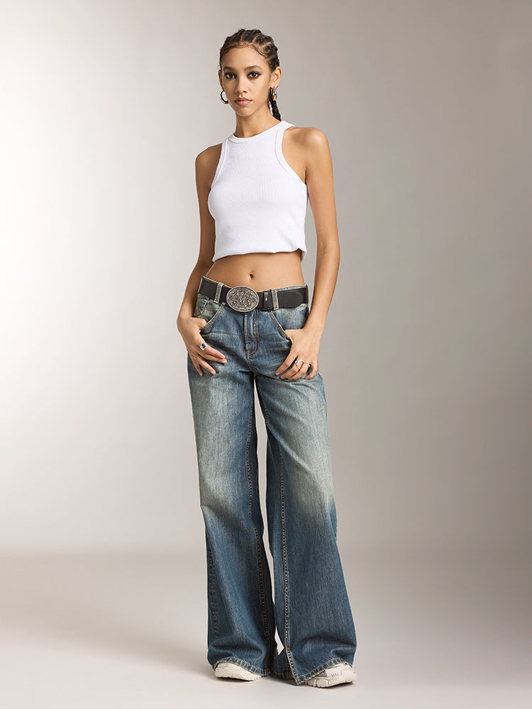 jeans mit schlitz und weitem bein