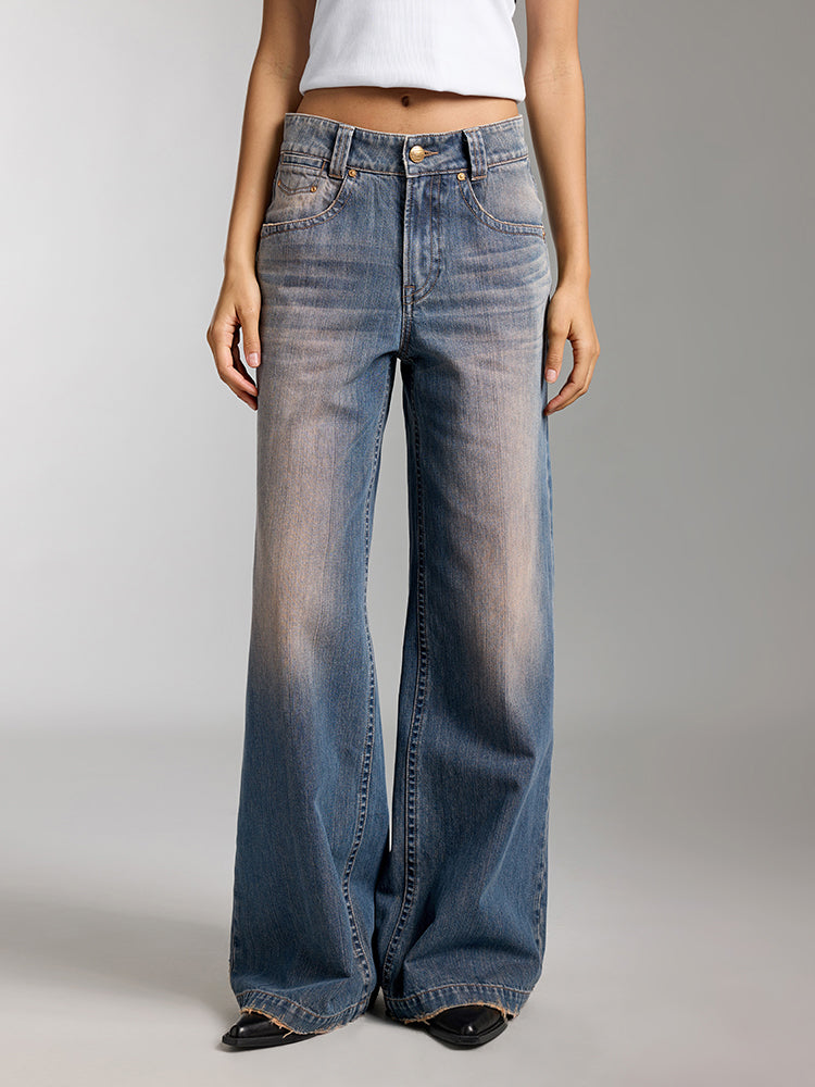 jeans mit used-look und weitem bein