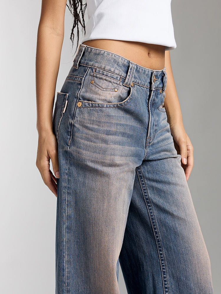 jeans mit used-look und weitem bein