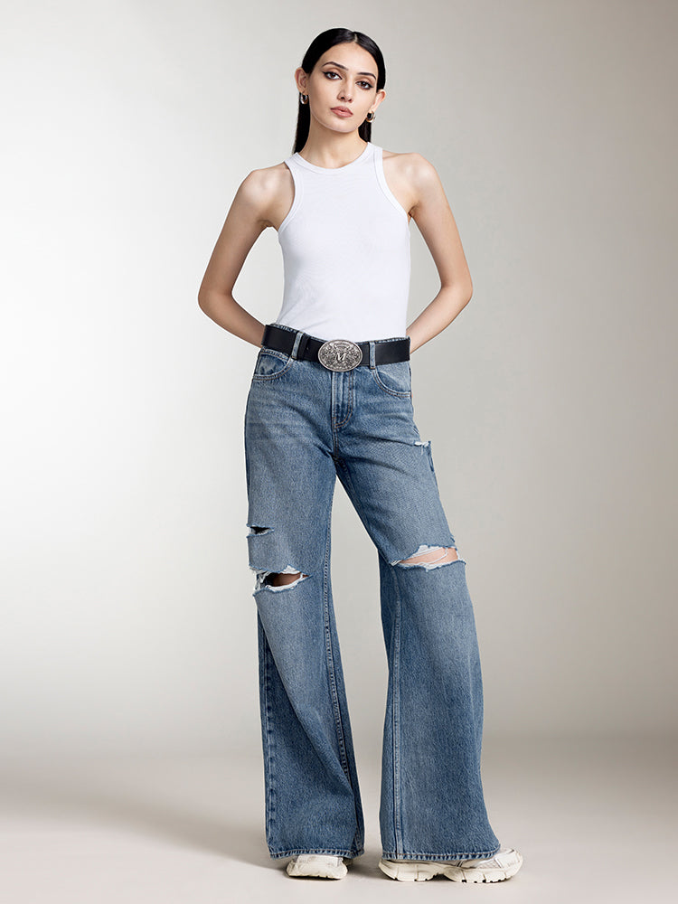 jeans mit rissen und geradem schnitt