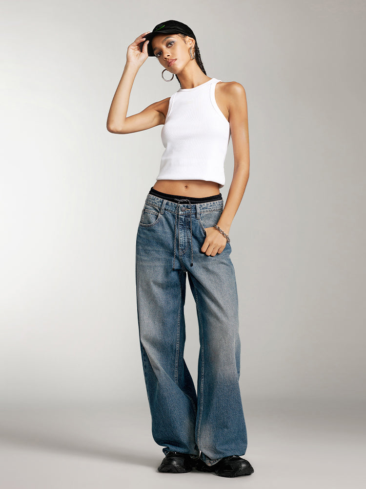 jeans mit doppeltem bund und einsätzen