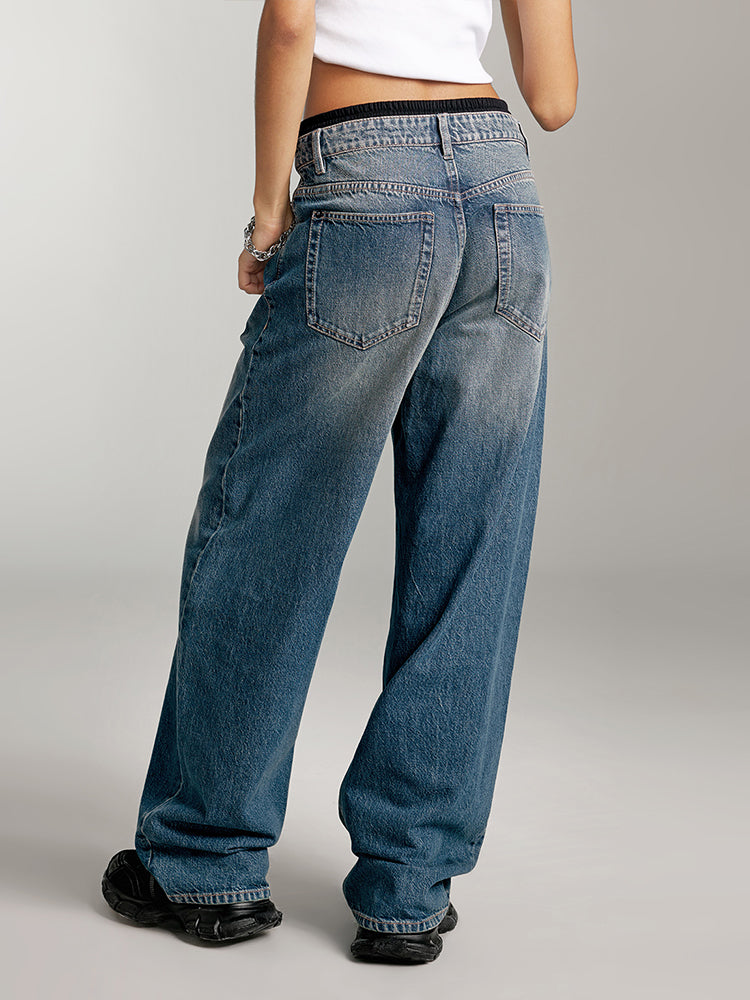 jeans mit doppeltem bund und einsätzen