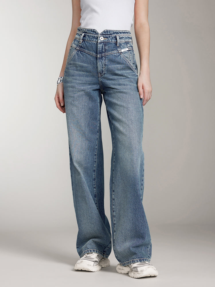 vintage jeans mit geradem schnitt und v-förmigem bund
