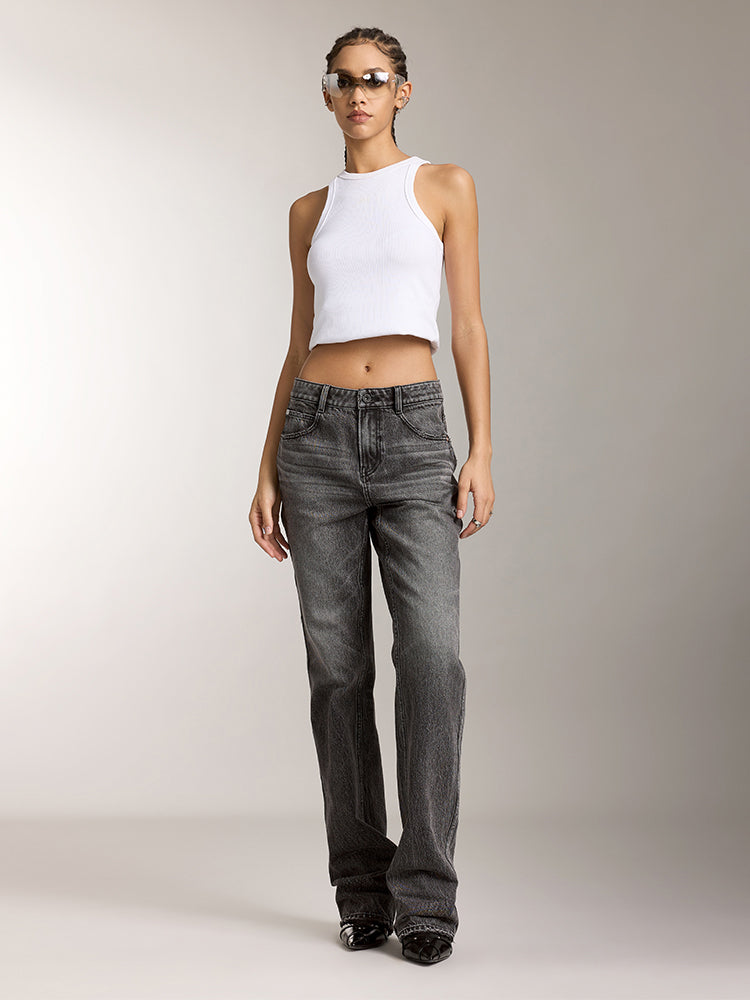 jeans in used-grau mit geradem schnitt