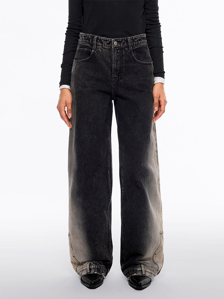 jeans mit farbverlauf niedrigem bund und weitem bein