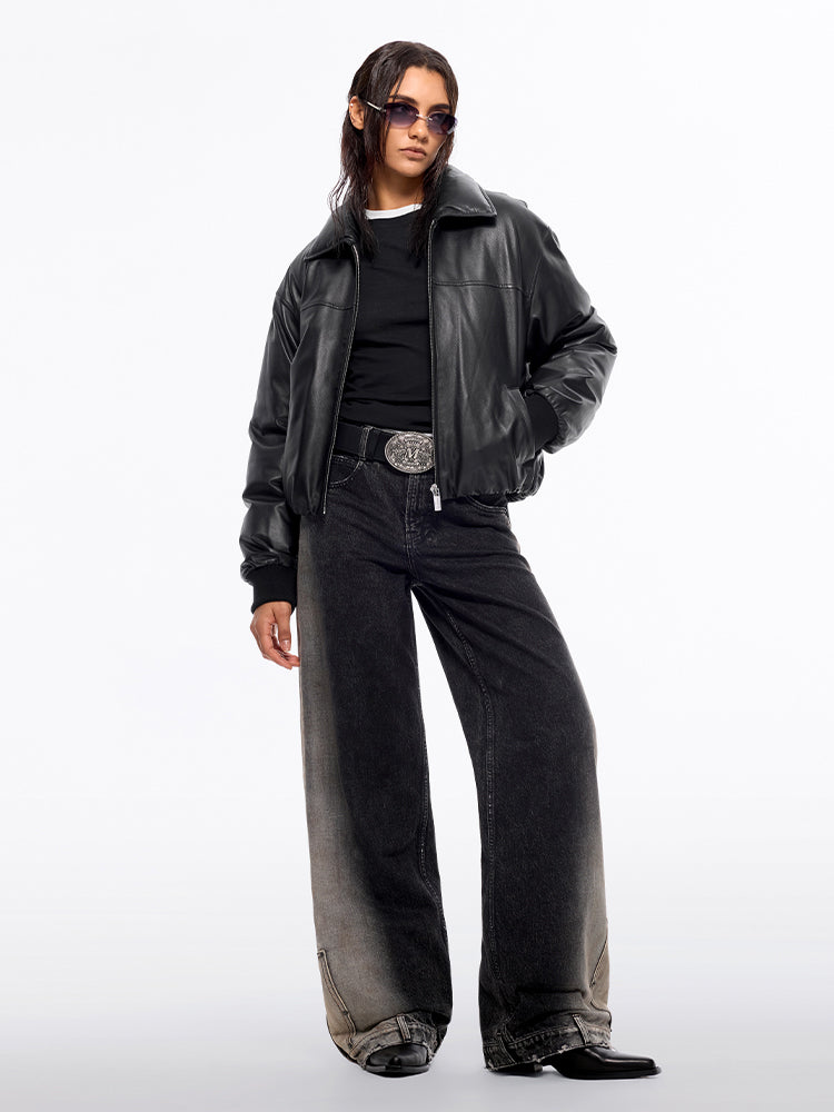 jeans mit farbverlauf niedrigem bund und weitem bein