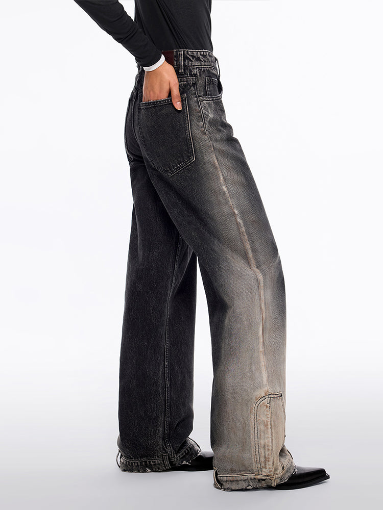 jeans mit farbverlauf niedrigem bund und weitem bein