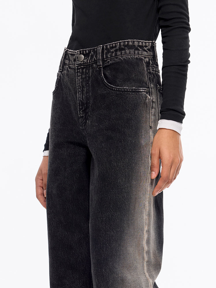 jeans mit farbverlauf niedrigem bund und weitem bein