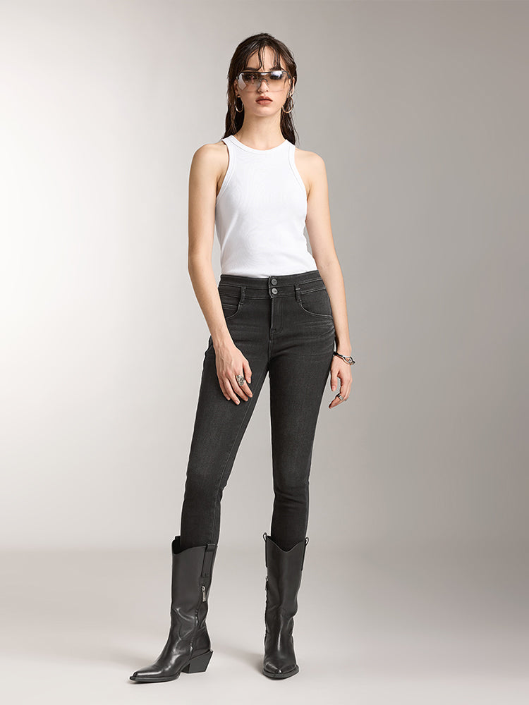 jeans mit doppelknopfleiste in schwarz und grau