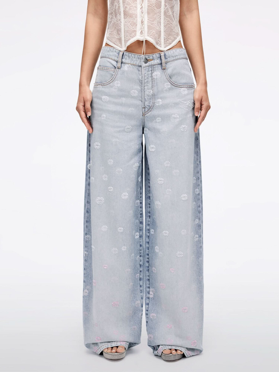 jeans mit perlenbesatz und weitem bein