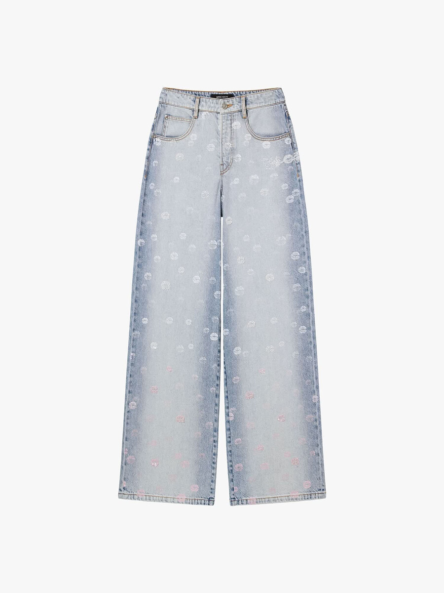 jeans mit perlenbesatz und weitem bein