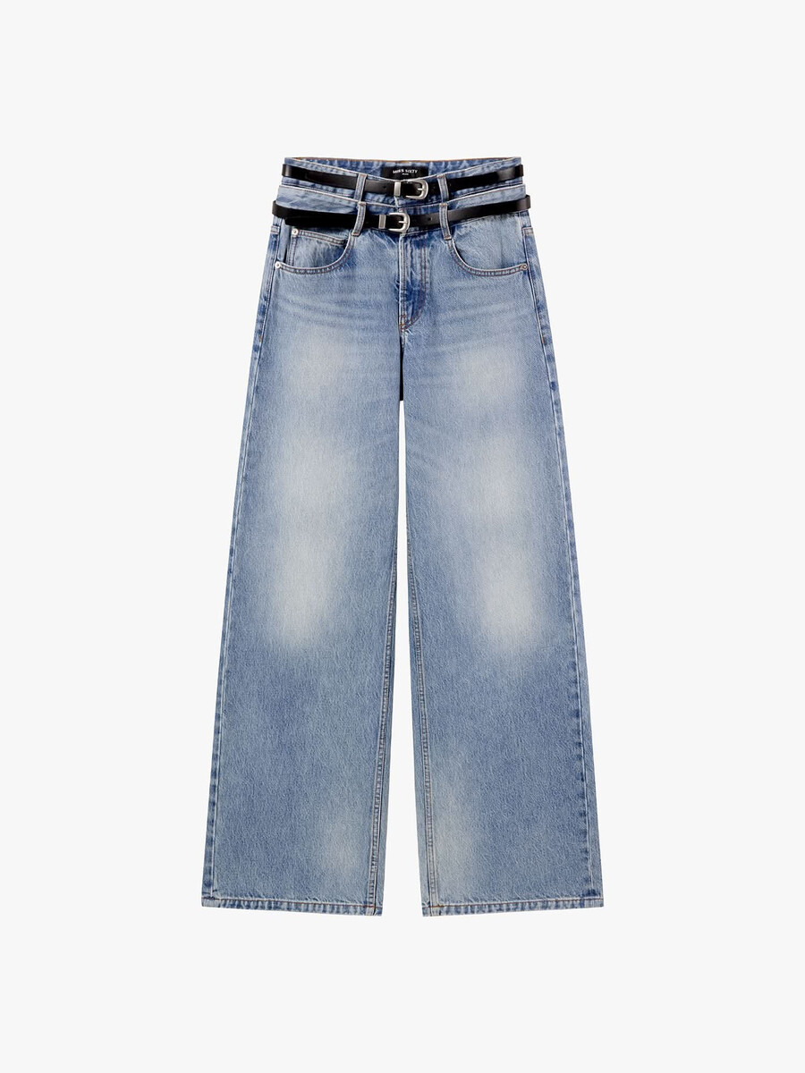 jeans mit doppeltem gürtel hohem bund und geradem bein