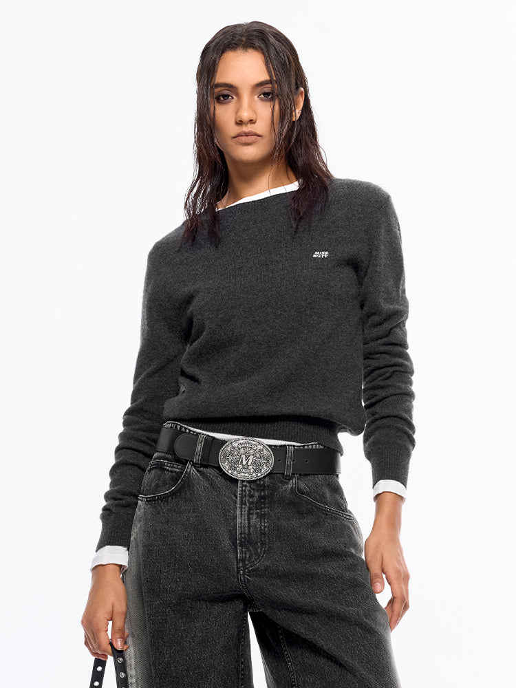 rundhals-kaschmirpullover mit stickerei