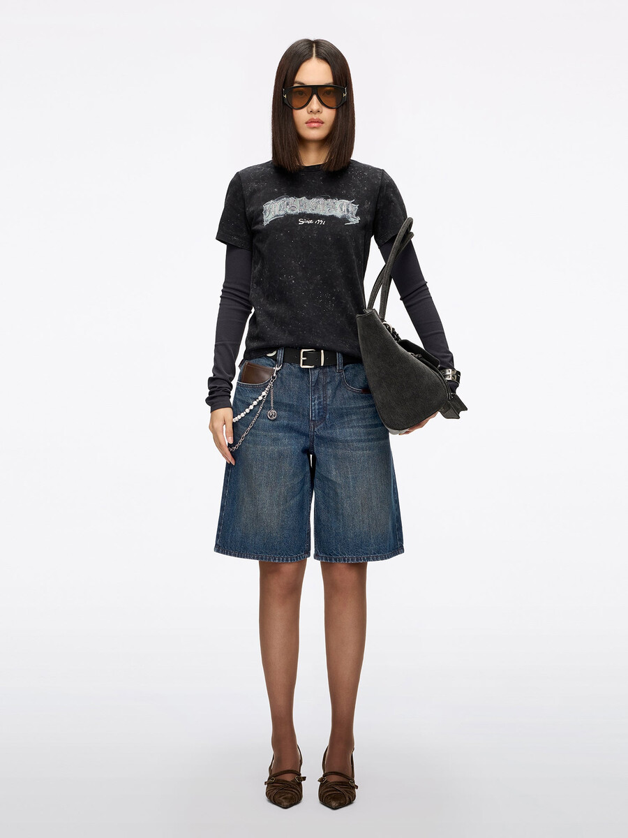 jeans-bermudashorts mit ledereinsatz