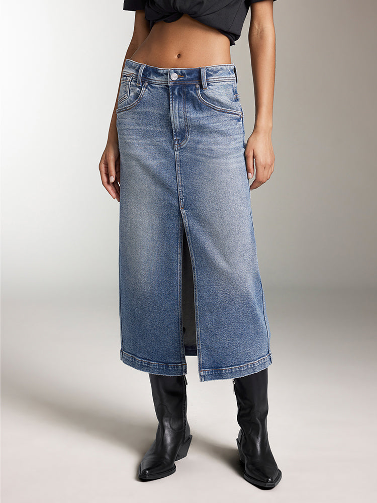 jeans-maxirock mit schlitz in blau