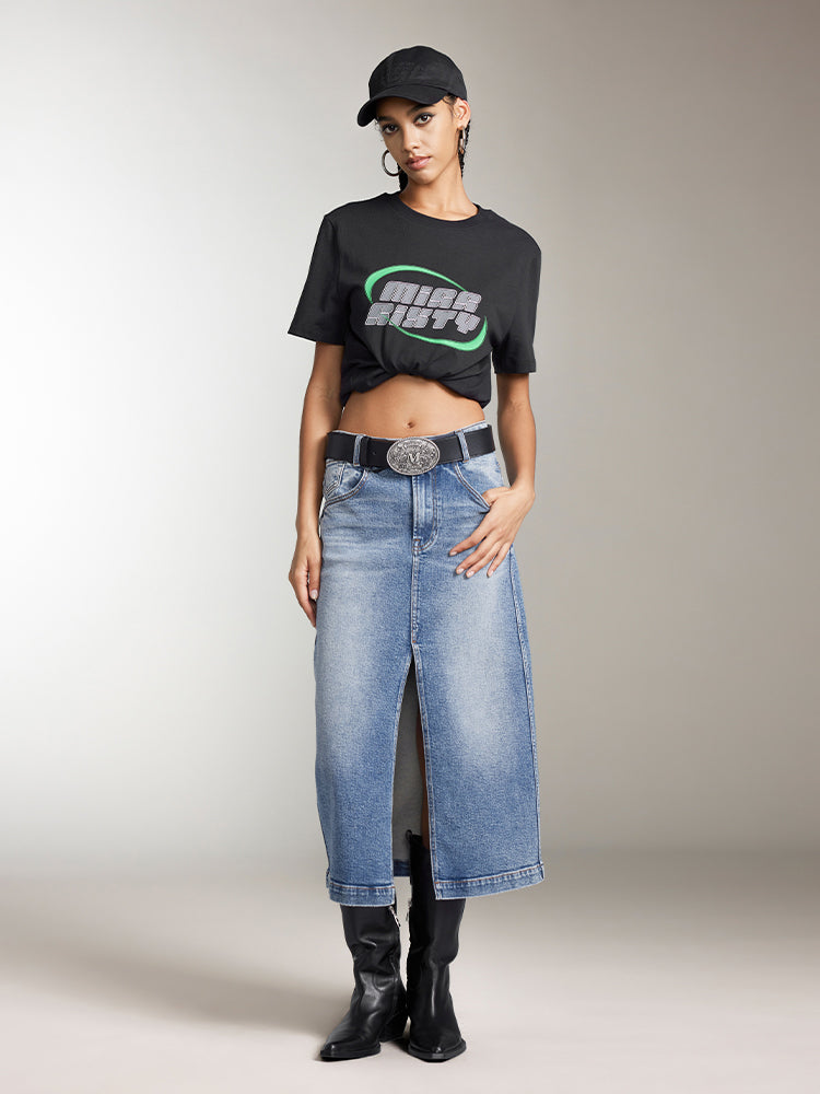 jeans-maxirock mit schlitz in blau