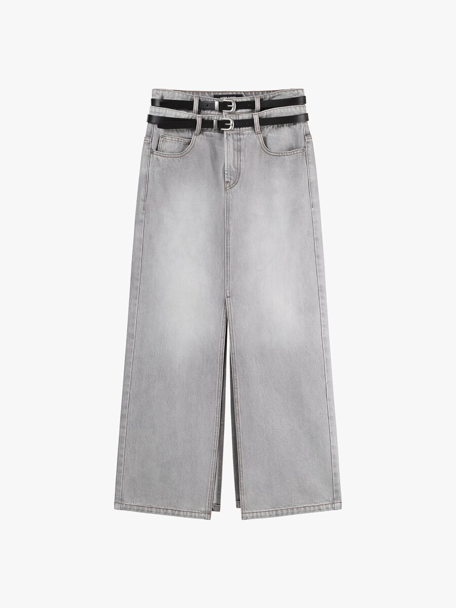maxirock aus jeansstoff mit doppeltem gürtel und schlitz