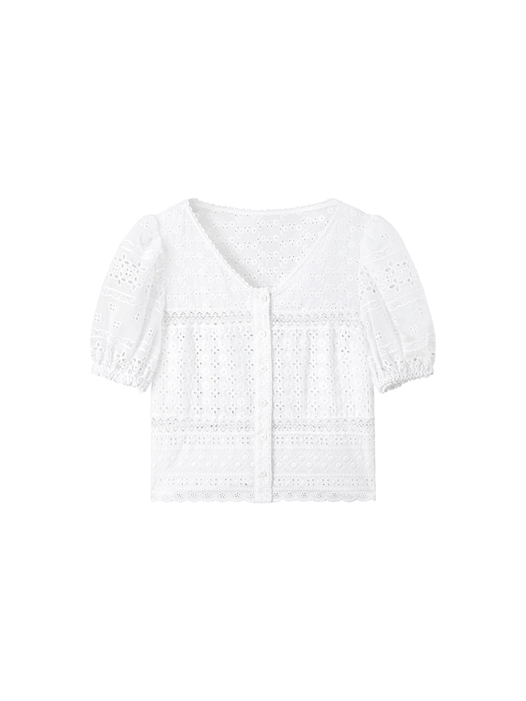 bluse mit v-ausschnitt und lochstickerei aus spitze