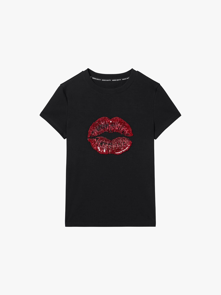 t-shirt mit rundhalsausschnitt und lippenprint