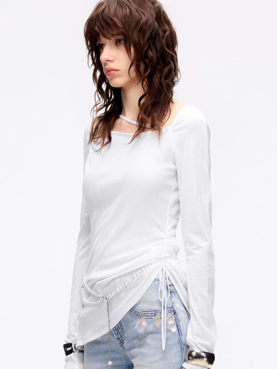 t-shirt mit quadratischem ausschnitt und kordelzug