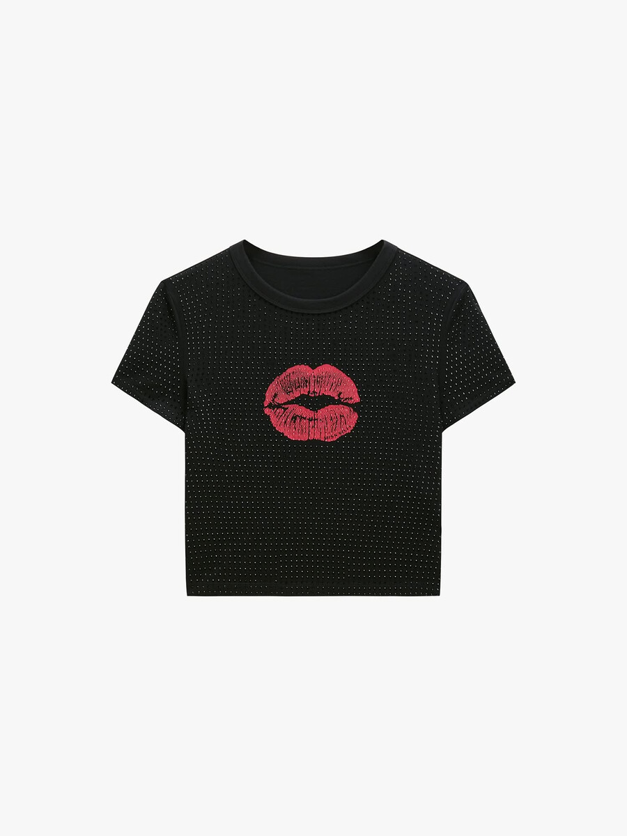 t-shirt mit strasssteinen und lippenprint
