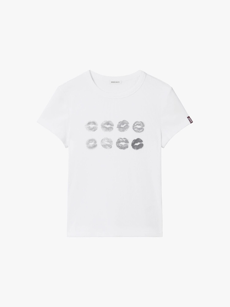t-shirt mit rundhalsausschnitt und lippenprint