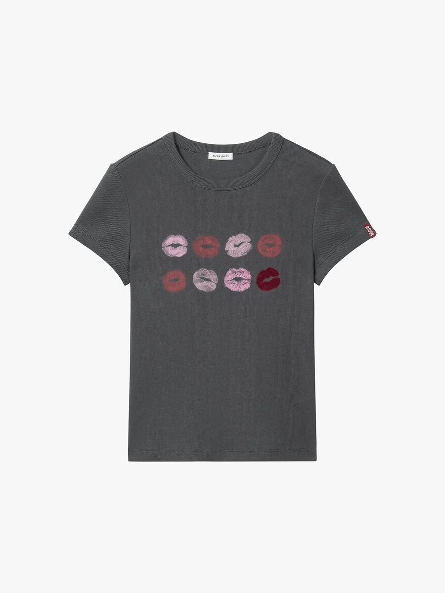 t-shirt mit rundhalsausschnitt und lippenprint