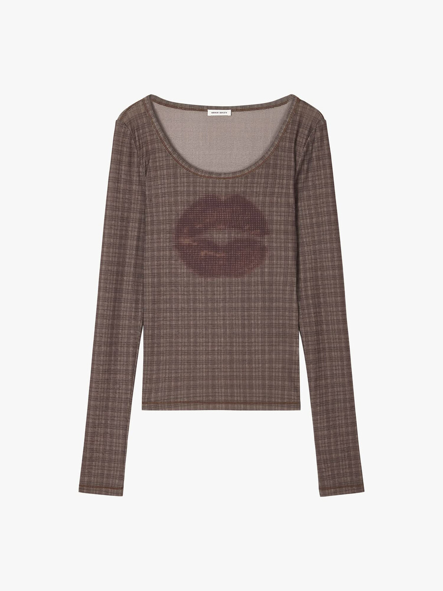 kariertes t-shirt mit lippenprint